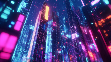 Obraz premium Neon lights dance in the urban night, a vibrant symphony of colors and reflections