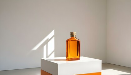 Essential oil or serum bottle on podium with shadow