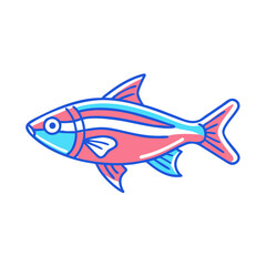 A vibrant illustration of a stylized pink and blue fish with white stripes
