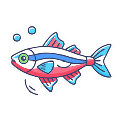 Striking Red White and Blue Fish Cartoon Illustration Swimming in Water Bubbles