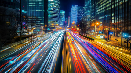 Obraz premium Neon lights dance in the urban night, a vibrant symphony of colors and reflections