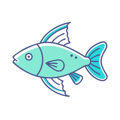 A Cute Cartoon Illustration of a Teal and Blue Fish with Dorsal Fins and a Tail