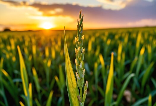 Green rice fild with evening sky