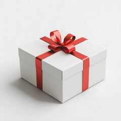 Fototapeta premium A pristine white gift box, elegantly wrapped with a vibrant red ribbon, evokes feelings of anticipation and celebration. It is a symbol of thoughtfulness and the joy of giving and receiving.