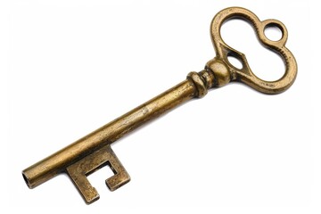 A vintage brass key resting on a wooden surface, reflecting light and showcasing intricate designs and craftsmanship isolated on transparent background