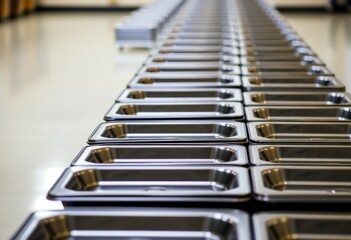 Obraz premium Rows of Shiny Metal Food Trays Prepared for a Catering Event or Buffet