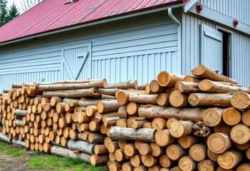 Stack of Logs Near Rustic Gray Barn with Red Roof Rural Setting Lumber Woodpile