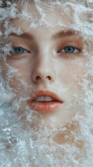 Close-up portrait of a person partially submerged in water, with gentle waves creating a serene atmosphere