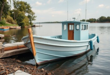 Obraz premium Small light blue fishing boat docked at lakeside wooden pier on calm water