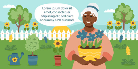 Sustainable and regenerative gardening concept. Nature spring background. Farmer woman with pot with flowers and garden equipment. Vector flat banner.