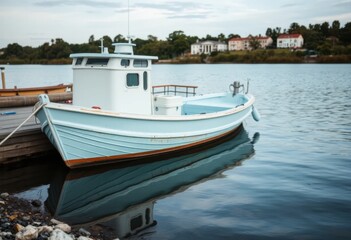 Fototapeta premium Small light blue fishing boat moored at a tranquil waterfront dock near houses