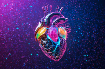 Vibrant Digital Illustration robotic human heart. Generative AI. 