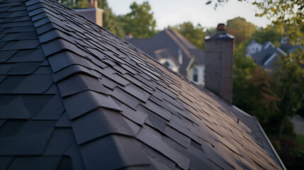 Naklejka premium Roofing contractor installing shingles on a house roof. Featuring roof installation and home construction