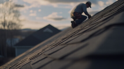 Roofing contractor installing shingles on a pitched roof. Featuring roofing installation and craftsmanship