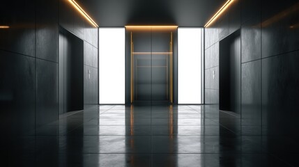 Modern Elevator doors of office or hotel hallway,holiday season decor with christmas tree,Lobby interior, corridor in house with lift,marble elegant lift for passenger or cargo elevators,copy space.