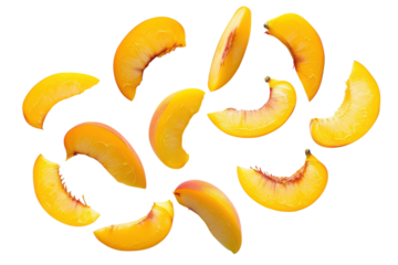 Freshly sliced yellow peaches arranged artistically on a clean white background showcasing their vibrant color and juicy texture isolated on transparent background