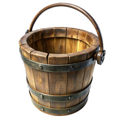 Fototapeta premium Rustic Wooden Bucket with Metal Bands: Perfect for Farmhouse Decor