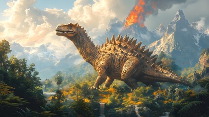 AI-Generated Majestic Dinosaurs in a Prehistoric Landscape: A Detailed Visual Journey of Stegosaurus in Ancient Times