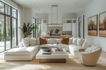 Fototapeta premium Amber and Blackman-style living room with soft beige furniture, brass chandelier, glass coffee table, and modern seating, captured in bright natural light.