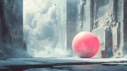 Vibrant Pink Ball Compressed Under Massive Ancient Stone Blocks in a Surreal Urban Landscape