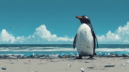 Lonely Cartoon Penguin on a Sandy, Bottle-Littered Beach: A Surreal Artistic Statement on Ocean Pollution