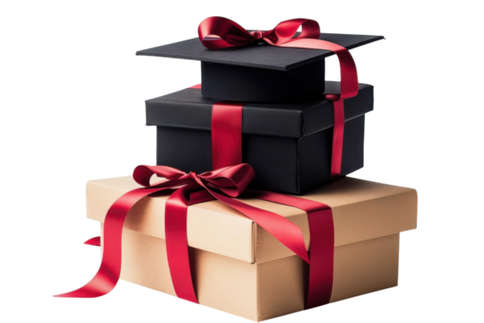 Celebrating academic achievements with beautifully wrapped gifts adorned in red ribbons, perfect for graduation ceremonies and parties isolated on transparent background