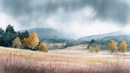 Fototapeta premium Watercolor of landscape forest misty mountains horizon and fog and hills,pine tree fir tree,Autumn forest background,drawn by hand,Autumn illustration design elements for landscape,wallpaper.