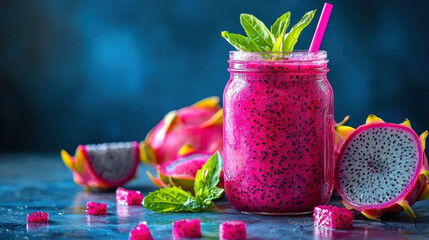 refreshing pink dragon fruit smoothie in mason jar, garnished with mint leaves and pink straw, surrounded by dragon fruit slices and colorful candy