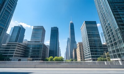Fototapeta premium High rise buildings on street with trees in city.