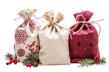 Festive fabric gift bags with holiday decorations surrounded by greenery and pinecones set against a white background isolated on transparent background