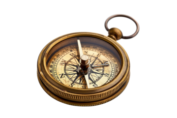 An antique compass resting on a bright surface, symbolizing exploration and navigation in quiet contemplation and adventure isolated on transparent background