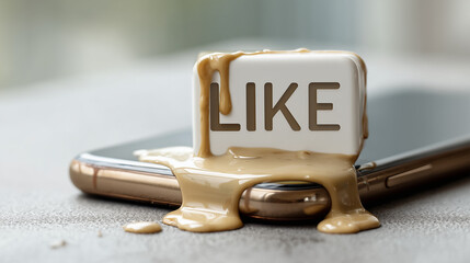 Melting Like Symbol: A surreal depiction of a "like" symbol melting onto a smartphone, offering a visually striking comment on digital culture.
