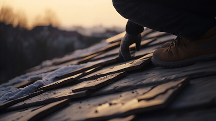 Roofing professional replacing damaged tiles on a rooftop. Featuring roof maintenance and repair