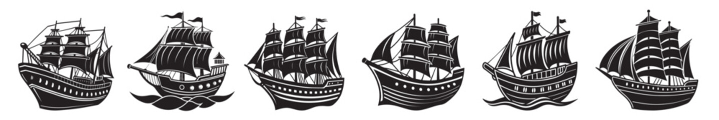 Silhouette of boats and ship vector icon set illustration isolated on white background.