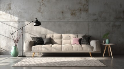 Beige sofa with patterned pillows sits in a minimalist living room against a textured concrete wall.  A floor lamp and small side table add to the modern aesthetic.