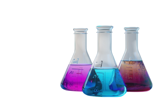 Colorful laboratory flasks filled with vibrant liquids showcasing scientific experimentation and discovery during a creative research session isolated on transparent background