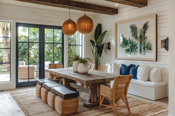 Modern coastal dining area in Hawaii beach house with bench, chairs, navy blue accents, and tropical art, overlooking patio through glass-front door.