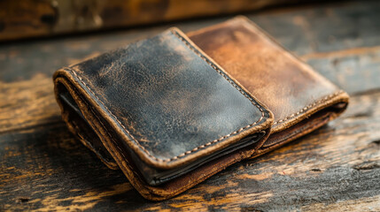 Vintage leather wallet on rustic wooden surface