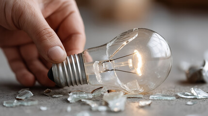 Illuminating Thought: A single hand delicately holds a lit light bulb amidst shards of broken glass, a visual metaphor for a spark of inspiration amid struggle.