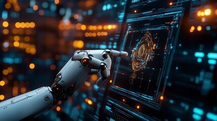 Futuristic Robot Hand Interacting with Digital Interface Display