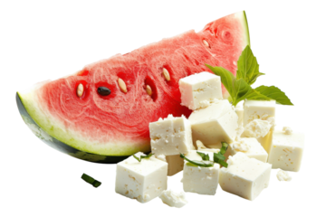 Refreshing summer delight of juicy watermelon paired with creamy feta cheese cubes and fresh mint, beautifully arranged for a light appetizer isolated on transparent background