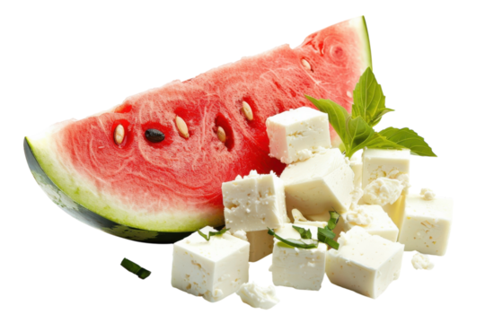 Refreshing summer delight of juicy watermelon paired with creamy feta cheese cubes and fresh mint, beautifully arranged for a light appetizer isolated on transparent background - Powered by Adobe