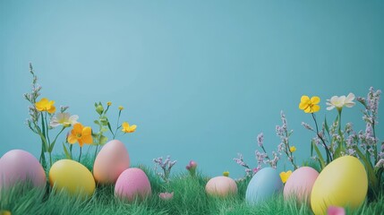 Easter background with colorful eggs. Eggs and spring flowers. Easter party. Easter bunny. Easter eggs on grass. Happy Easter greeting Card. Easter frame. Easter card. Top view, Copy space area