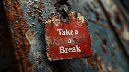 Retro-Inspired Price Tag with "Take a Break" Slogan Featuring Unique Script, Textured Backdrop, and Nostalgic Grunge Aesthetic for a Vintage Look