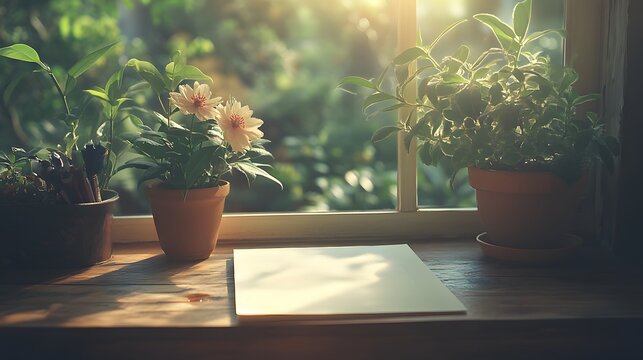 Exquisite artwork of a blank memo paper on a minimalist desk under warm sunlight, evoking creative exploration and vibrant daydreams.