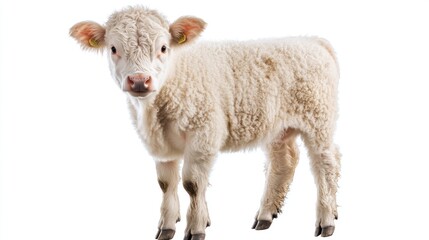 Fototapeta premium A young white calf standing alone against a white background