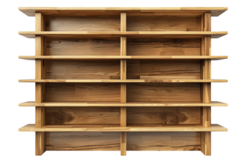 Simple wooden shelving unit featuring multiple open compartments for versatile storage and display, perfect for modern or rustic decor isolated on transparent background