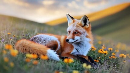 Red Fox Sitting in Blooming Meadow with Colorful Wildflowers and Rolling Hills for a Soft, Peaceful Wildlife Moment in Spring Light