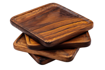 Stacked wooden trays showcasing rich grain patterns and earthy tones, perfect for enhancing rustic dining experiences at home isolated on transparent background