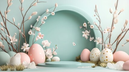 Easter background with colorful eggs. Eggs and spring flowers. Easter party. Easter bunny. Easter eggs on grass. Happy Easter greeting Card. Easter frame. Easter card. Top view, Copy space area